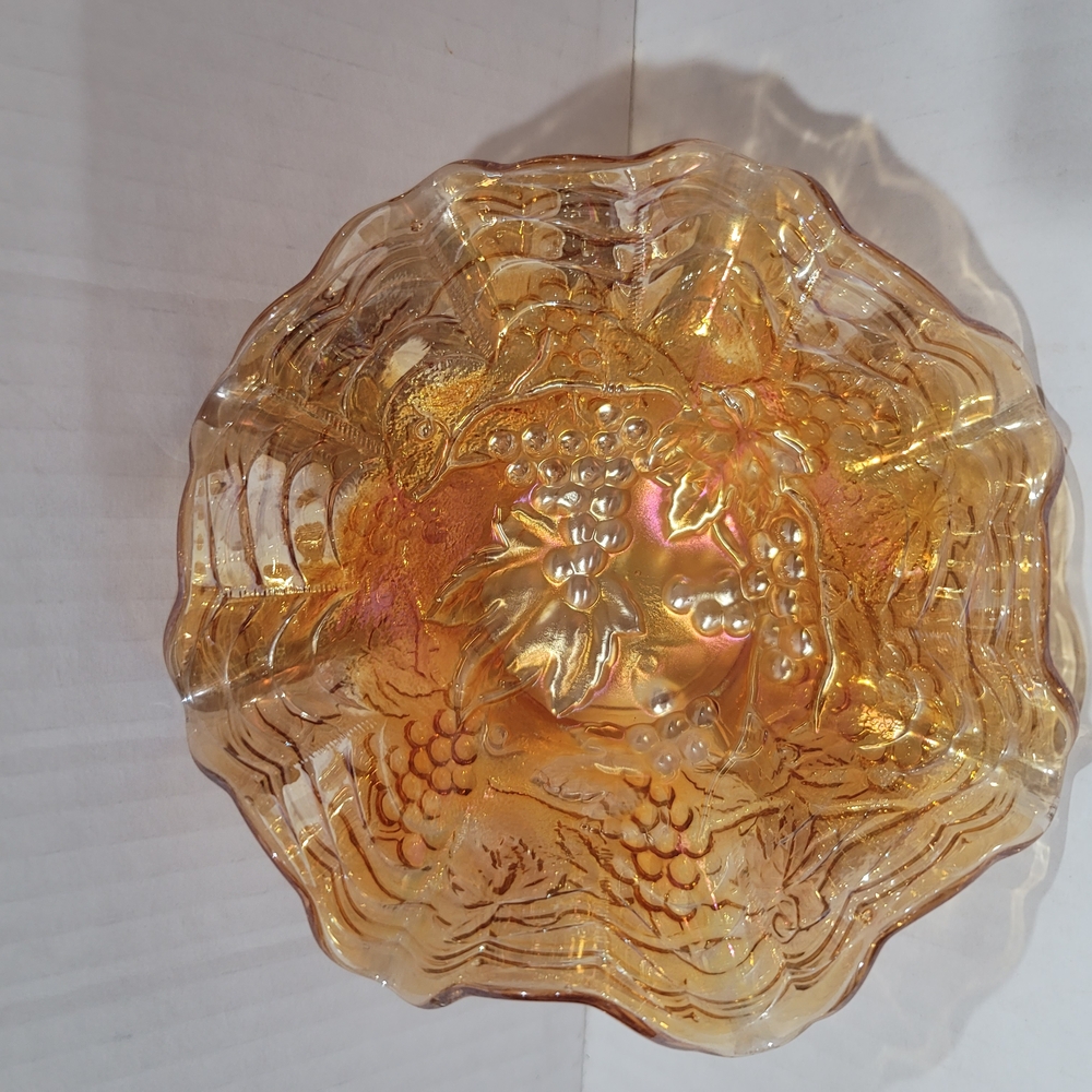 NORTHWOOD CARNIVAL GLASS BOWL~5" RUFFLED~MARIGOLD~GRAPES ~BASKET WEAVE VINTAGE